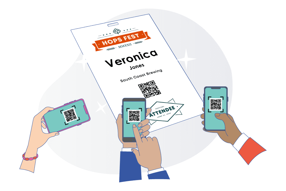 Cartoon depiction of 3 different arms scanning a name badge's QR code with their cell phones