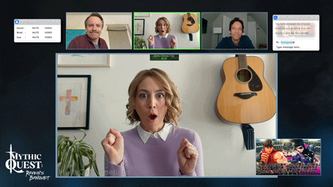 Mystic quest Zoom call with two men and a woman. The caption reads, "Oh, it's a party!!"