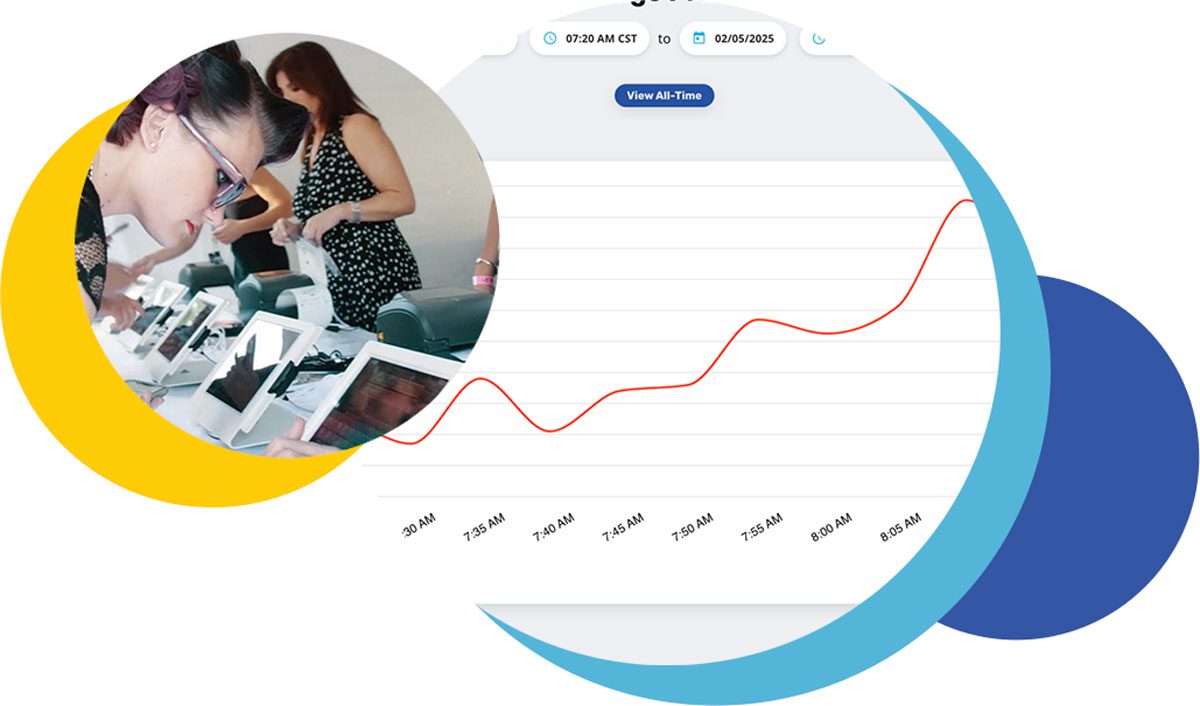 Event-Analytics-Expo-Pass-1 Person at iPad check-in kiosk and attendance analytics dashboard screen