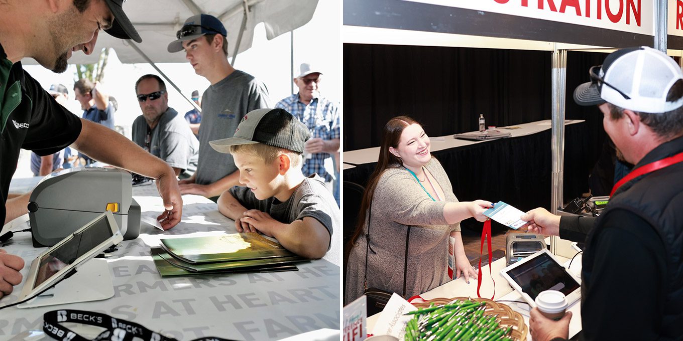 On-site badges being printed and handed to attendees - Left: Becknology Days 2024, Right: MSBA Annual Conference 2024