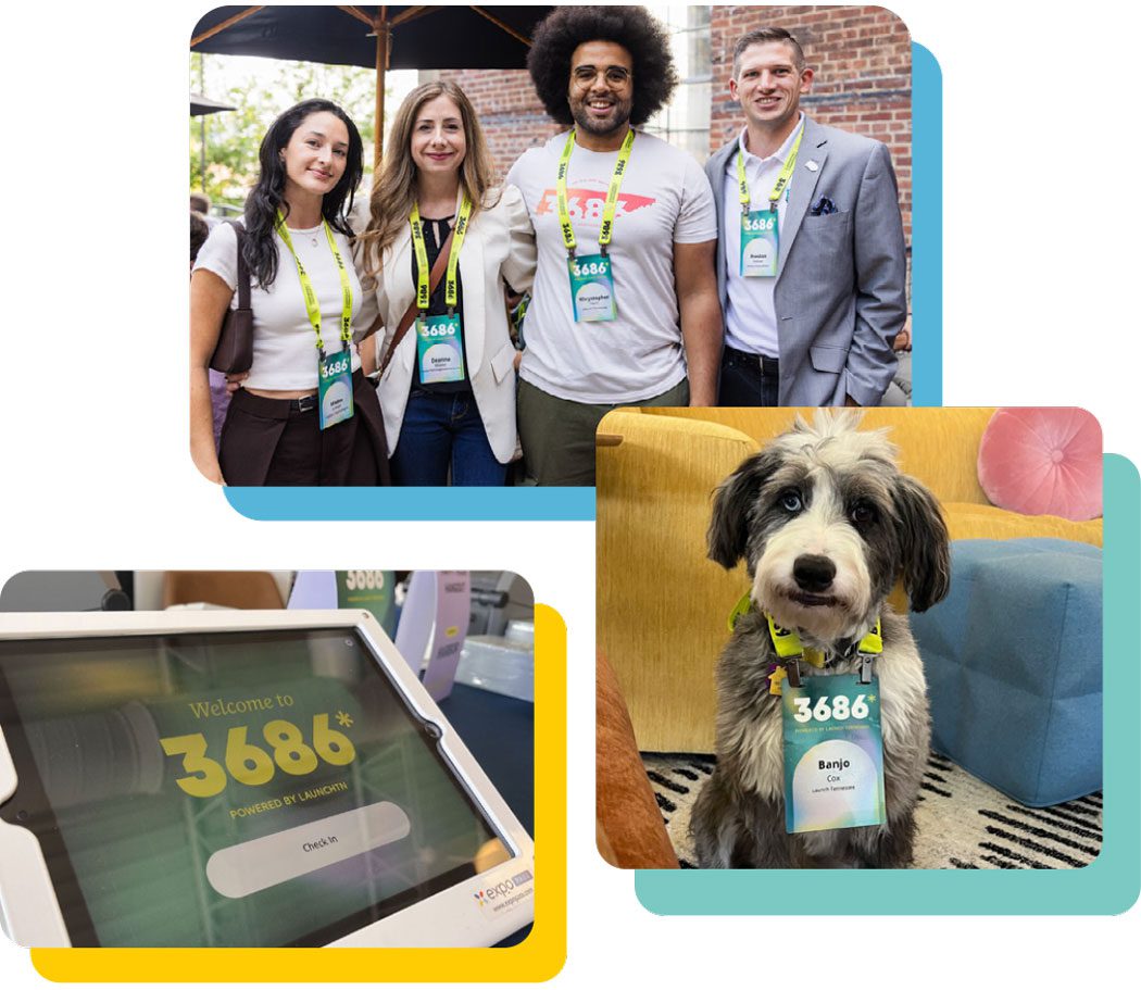 on-site badge printing kiosk, smiling attendees with event badges, dog wearing badge - Launch Tennessee 3686 Conference 2024