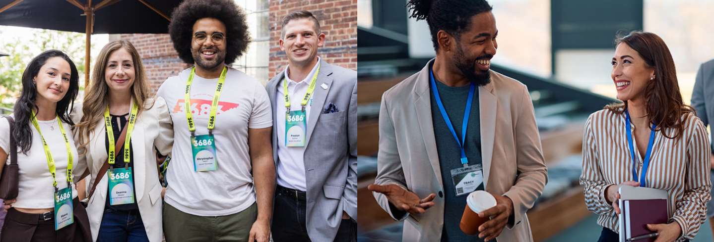 Attendees wearing 4x6 event badges at conference and 4x3 badges